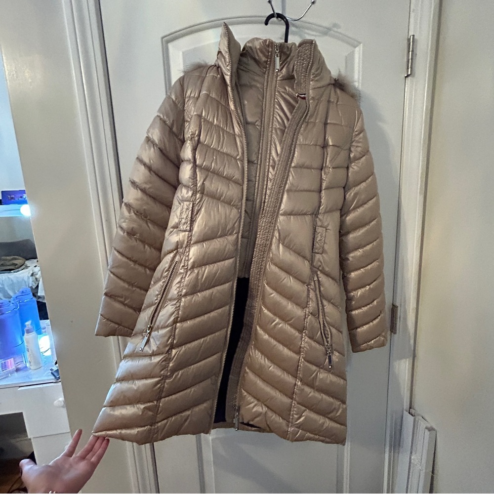 women double zipper tan winter coat (belt included)